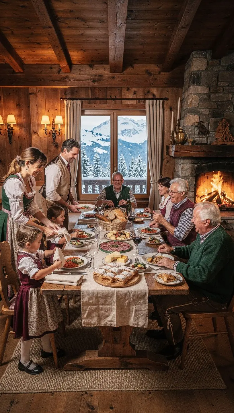 Gemütliches Wohnzimmer mit rustikalen Holzmöbeln und Kamin.