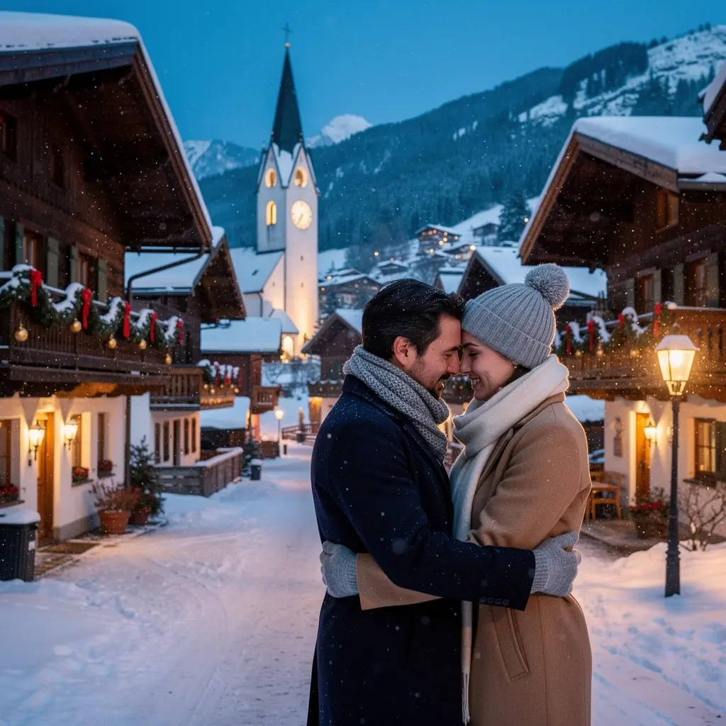 Blick auf ein malerisches Dorf mit traditionellen Tiroler Häusern und umliegenden Bergen.