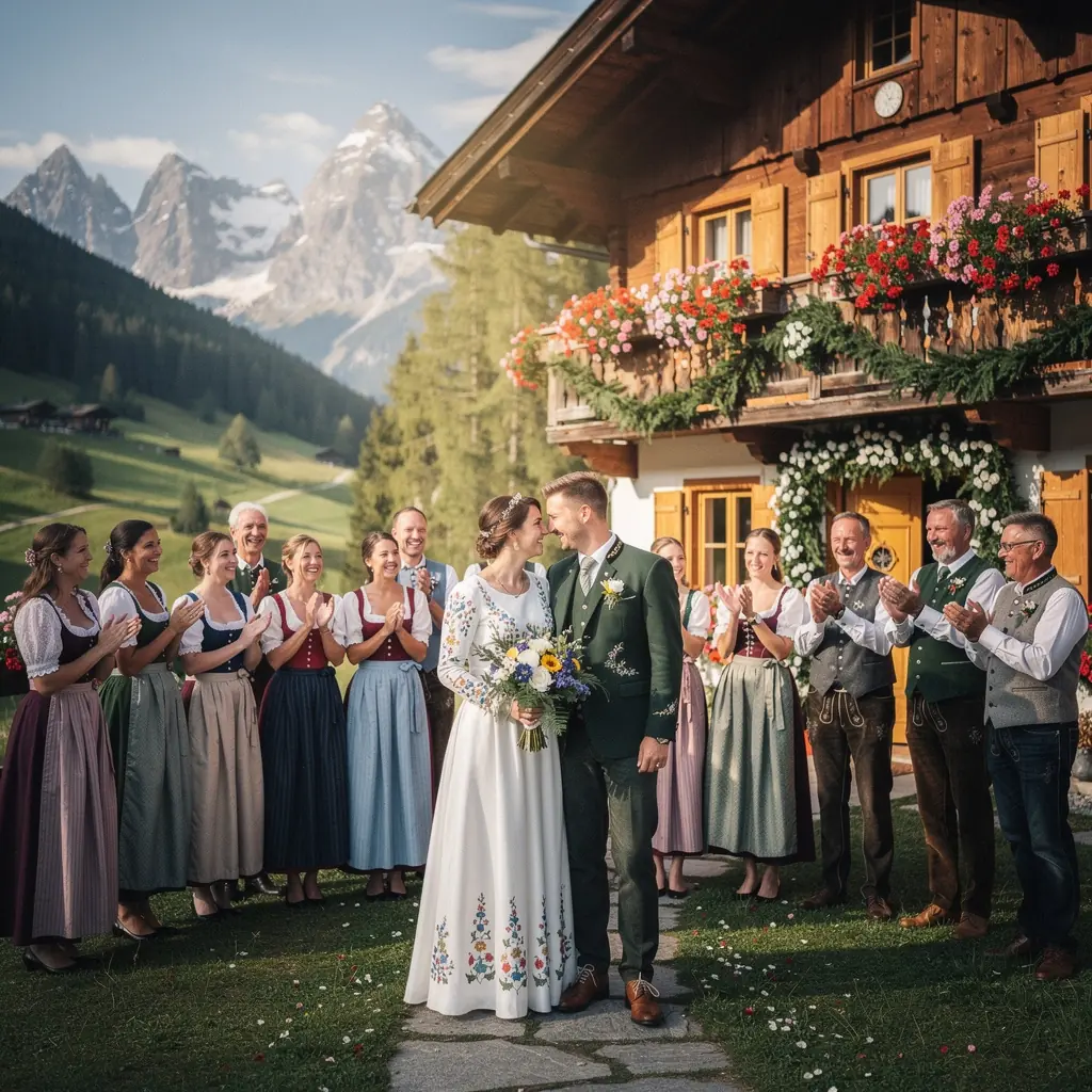 Einladender Essbereich in einem Holzchalet mit Aussicht auf die umliegenden Alpen.