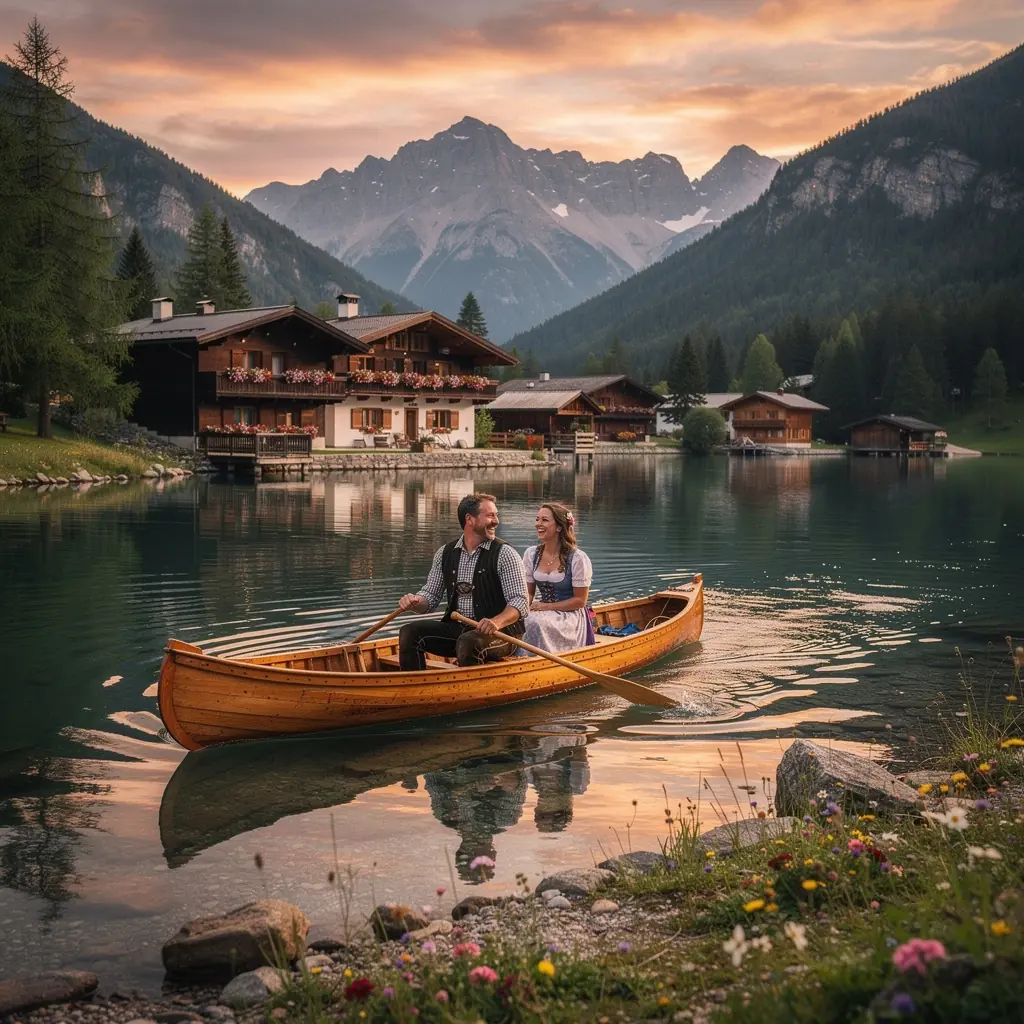 Schneebedeckte Berge hinter einem traditionellen Tiroler Dorfhaus im Winter.