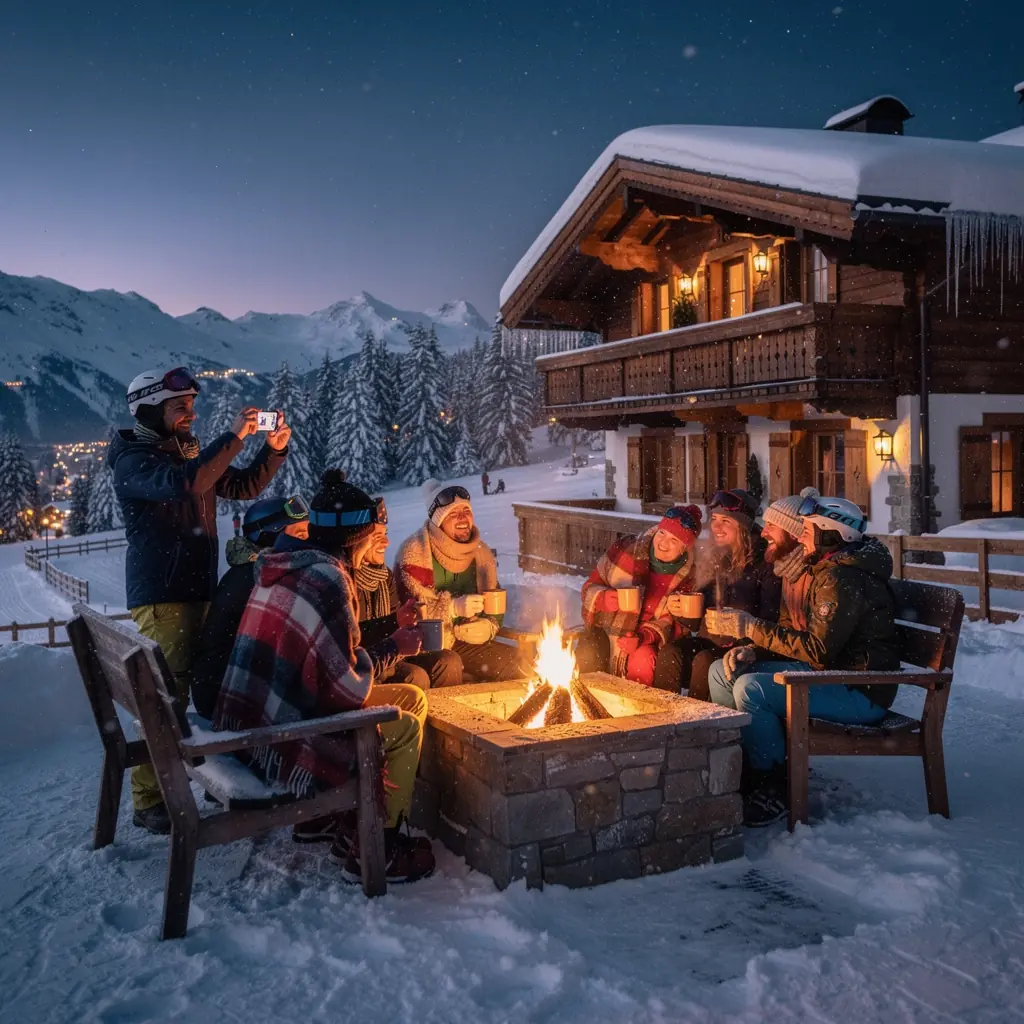Idyllische Landschaft mit einem Holzhaus, umgeben von grünen Wiesen und Bergen.