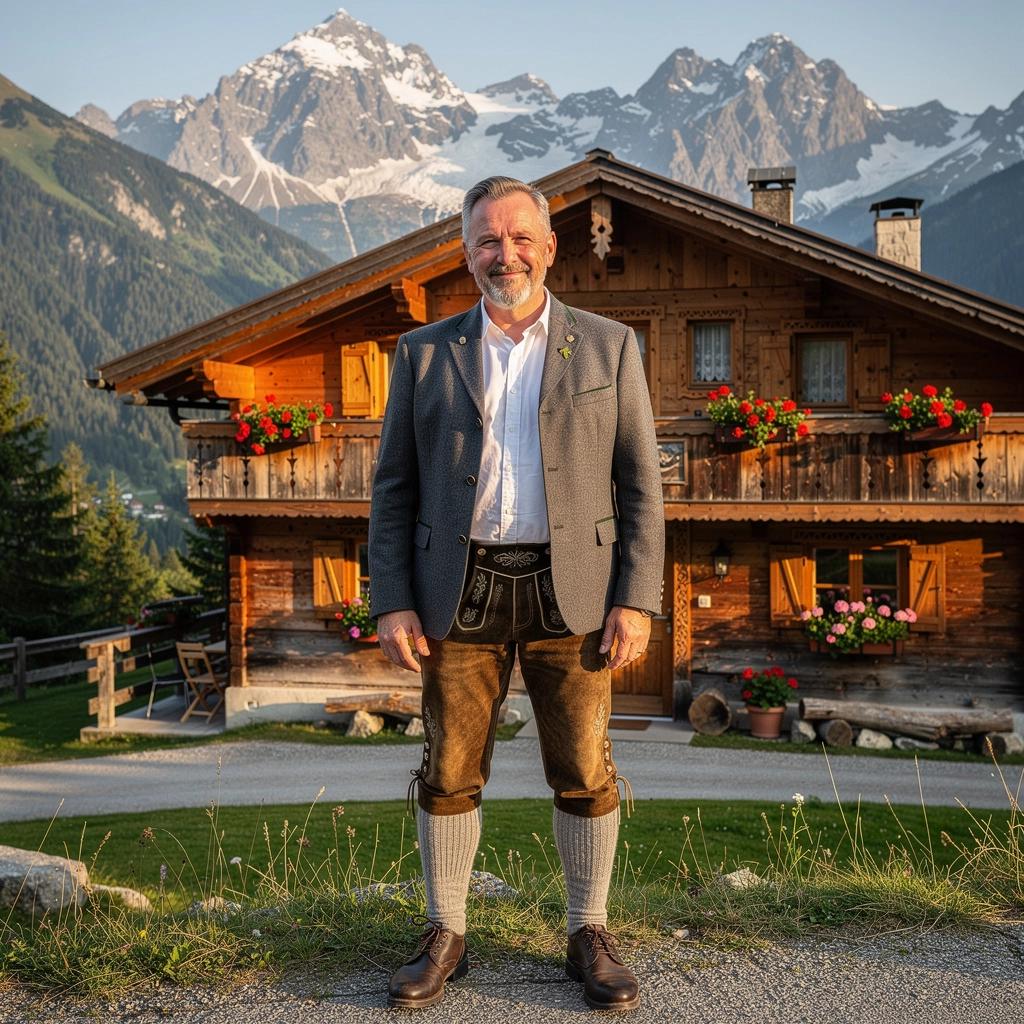 Einladende Terrasse eines Chalets mit Blick auf die schneebedeckten Gipfel der Alpen.